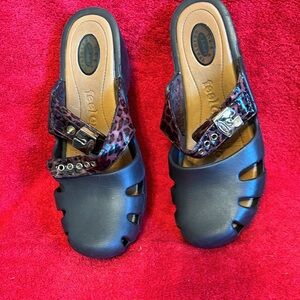 Dr. Scholl's Dance On Brown Leopard Slip On Buckle Block Heel Rounded Toe Clogs